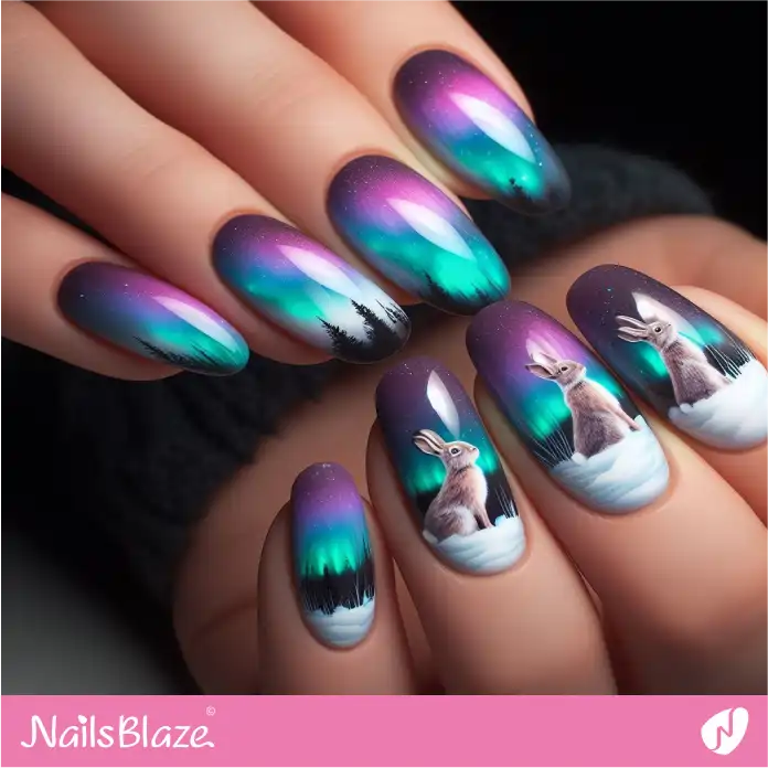Polar Lights Design French Nails with Hares | Polar Wonders Nails - NB3120